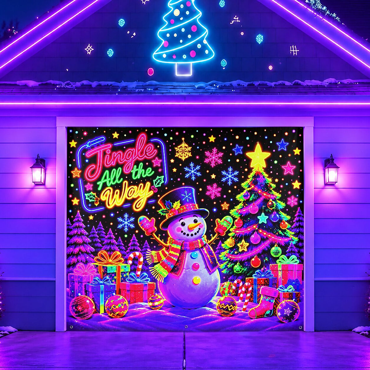 Blacklight Christmas Garage Cover UV Reactive Snowman
