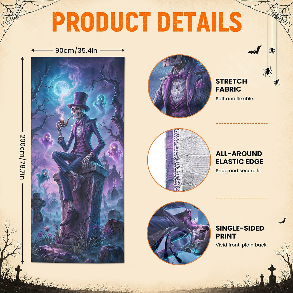 Top Hat Skeleton Ghost Graveyard Neon Banner Halloween Door