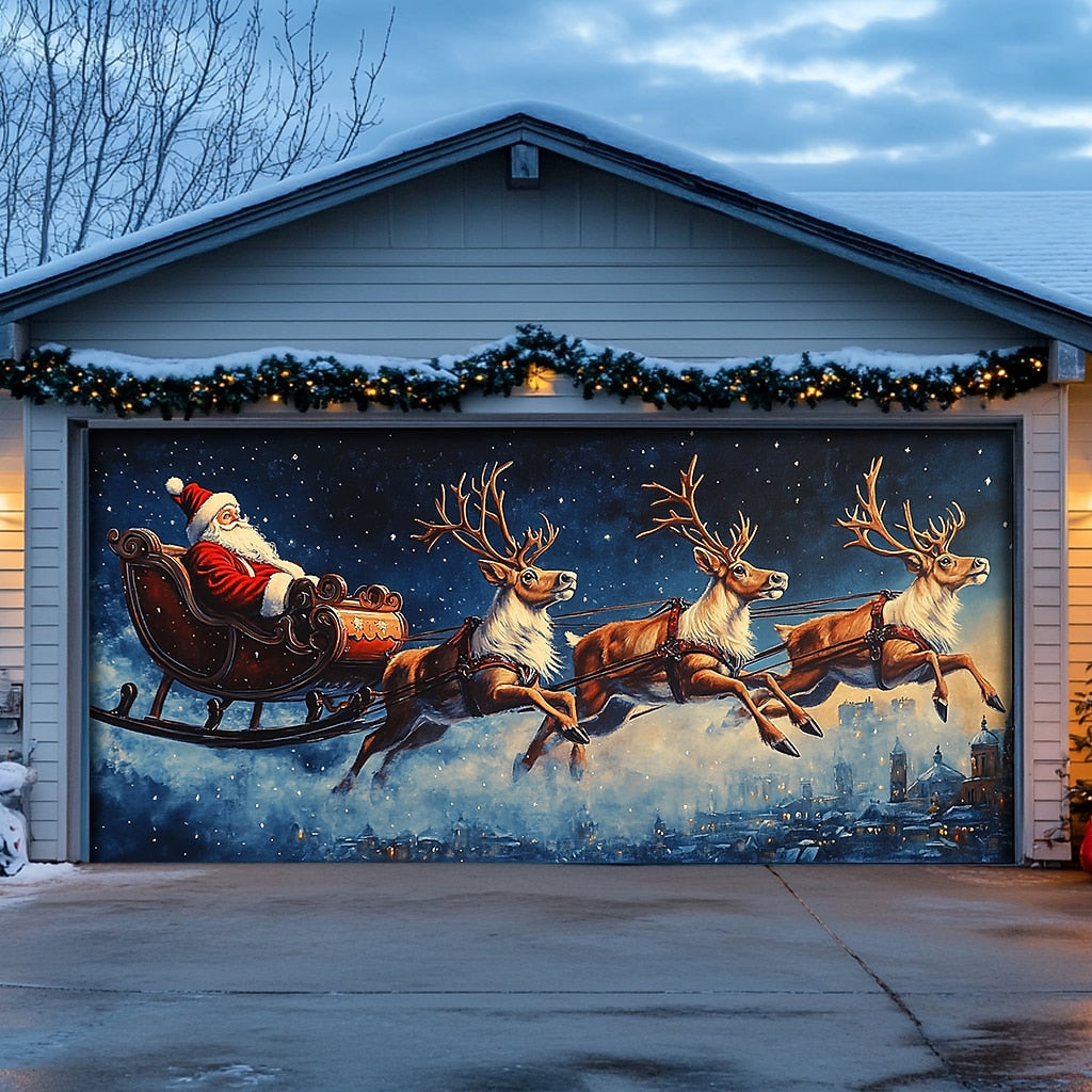 Santa Sleigh & Reindeer Garage Door Cover