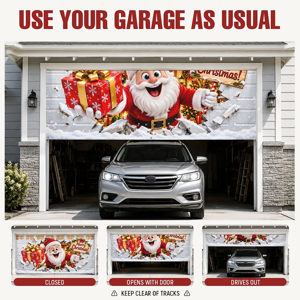 Christmas Garage Door Cover - Santa Breaking Through Gift 3D Design
