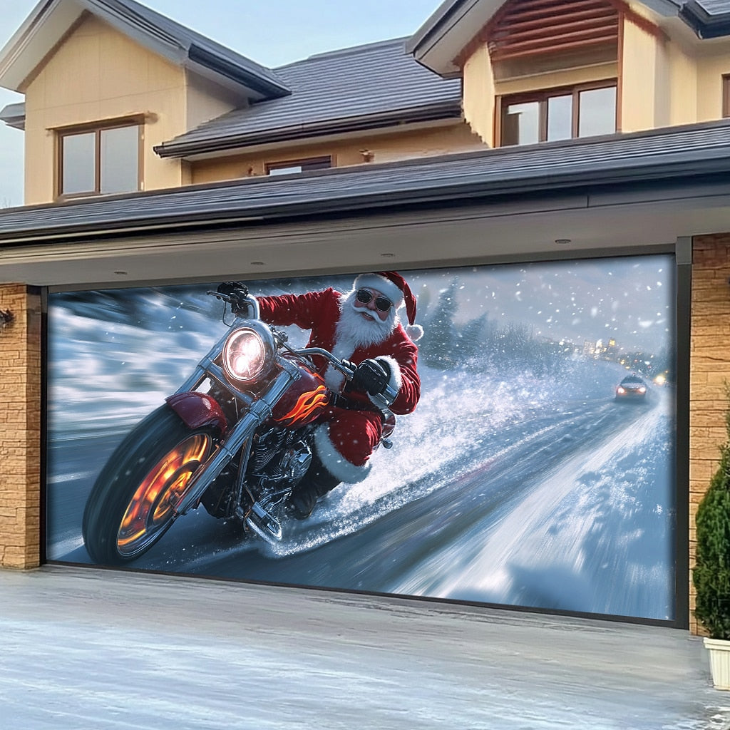 Motorcycle Santa Garage Door Cover