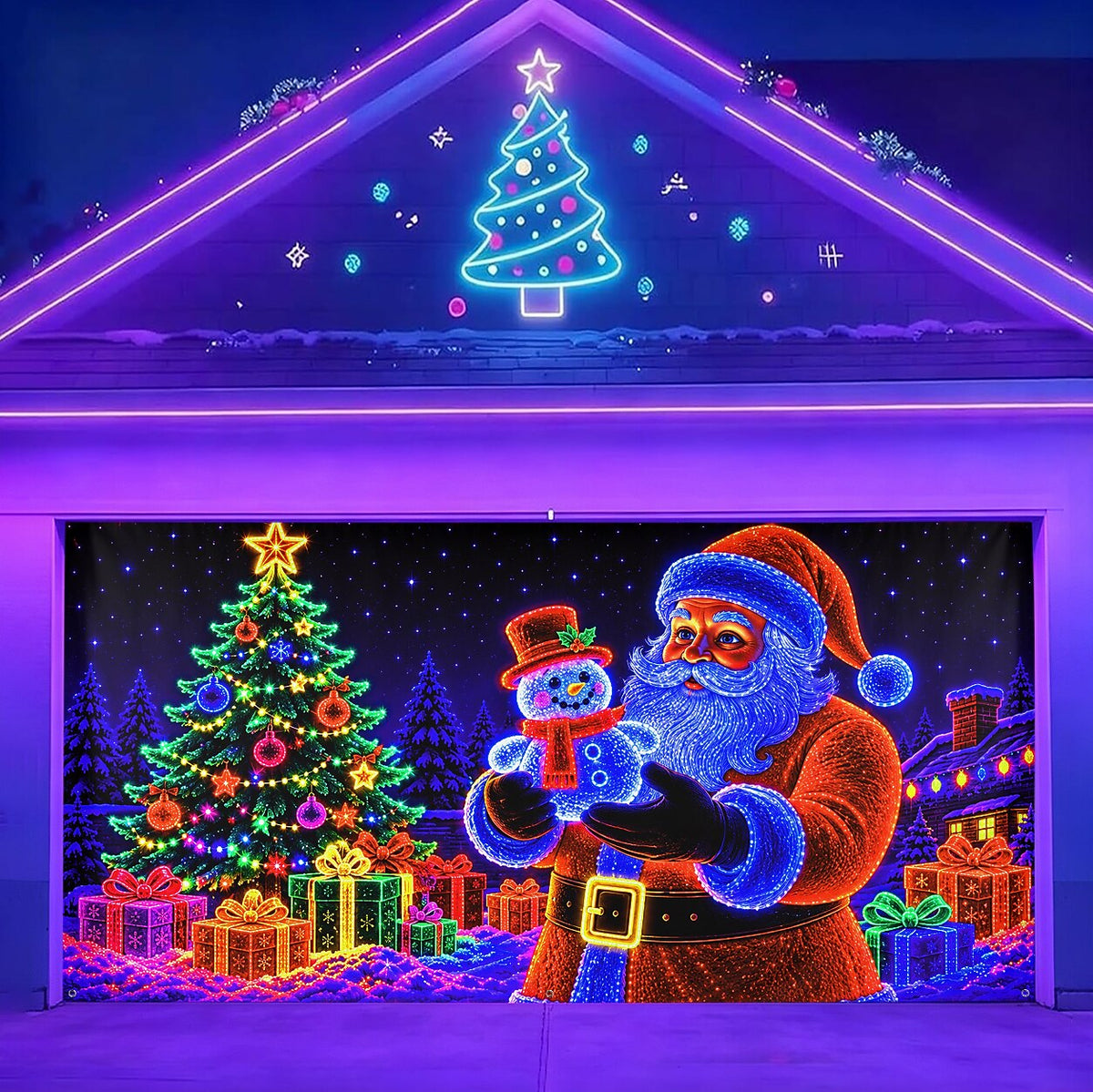 Blacklight Christmas Garage Cover UV Reactive Santa & Christmas Tree