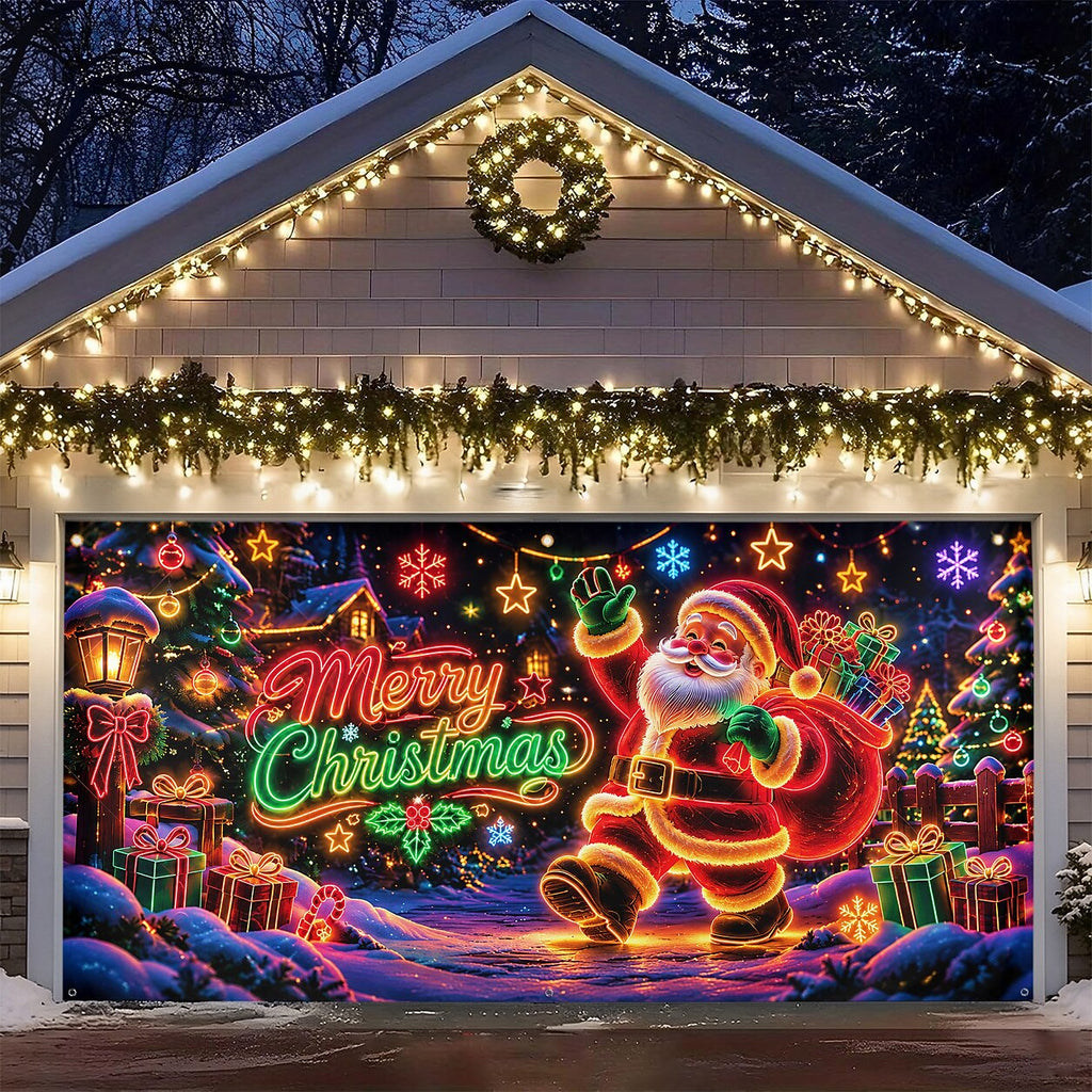 Blacklight Christmas Garage Cover UV Reactive Santa, Reindeer & Sleigh