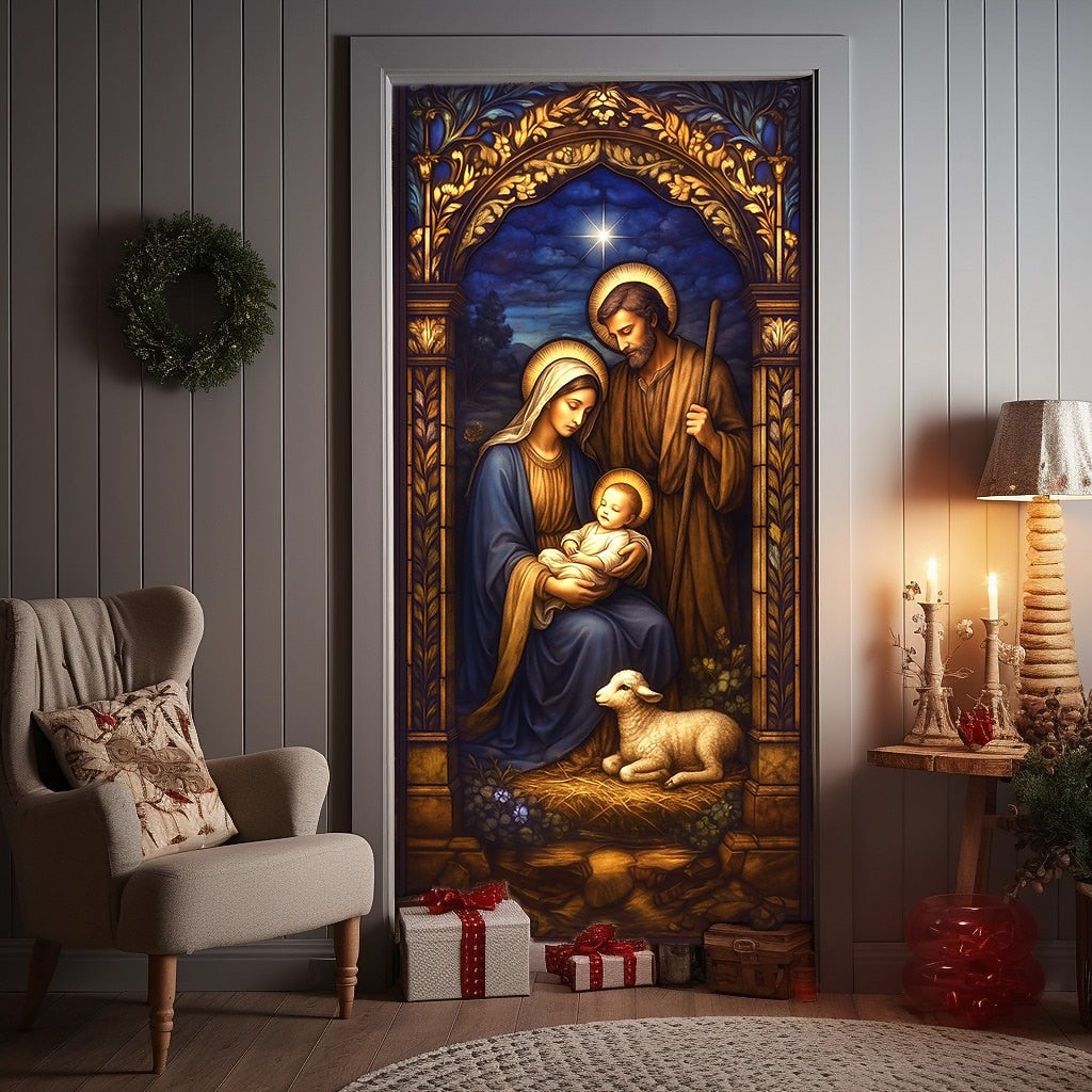 Stained Glass Holy Family Nativity Scene Christmas Door Cover