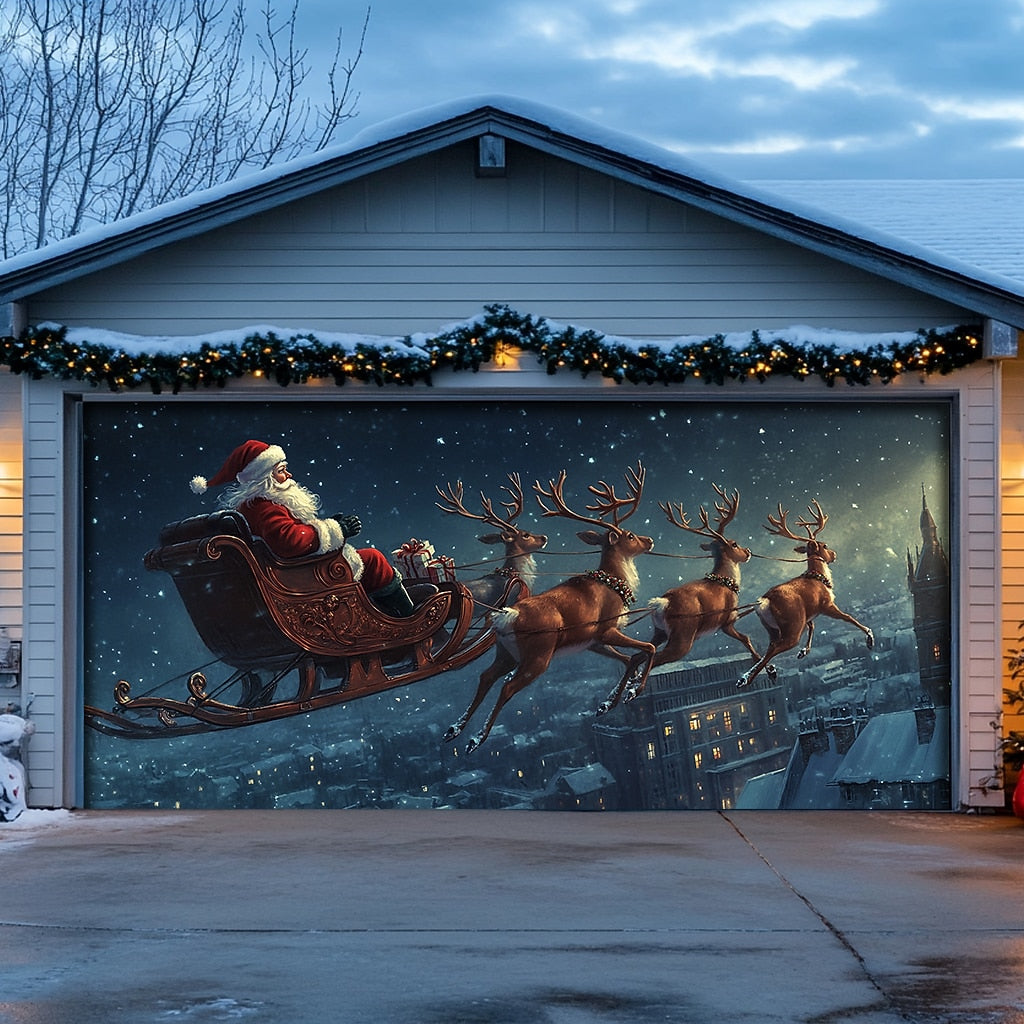 Santa Sleigh & Reindeer Garage Door Cover