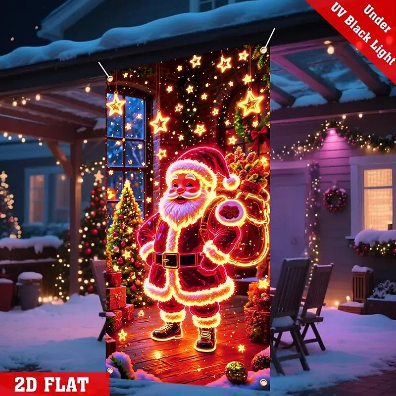 Blacklight Glowing Santa Claus & Christmas Tree Christmas Door Cover