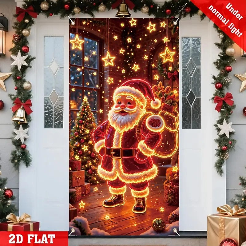 Blacklight Glowing Santa Claus & Christmas Tree Christmas Door Cover