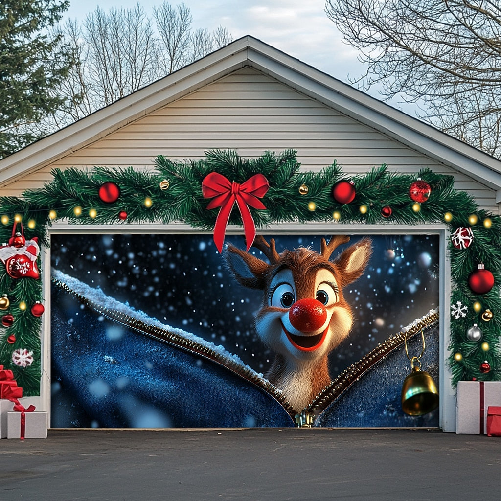 Santa Snowman & Rudolph Garage Door Cover