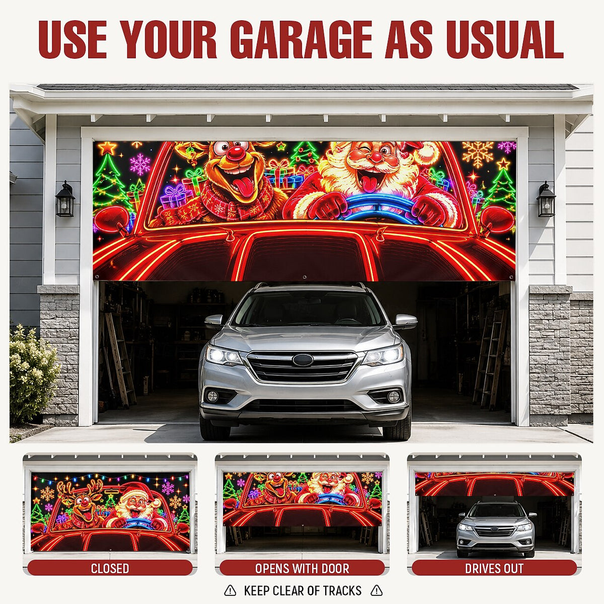 Blacklight Christmas Garage Cover UV Reactive Santa & Reindeer