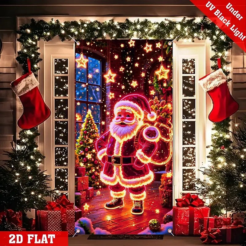Blacklight Glowing Santa Claus & Christmas Tree Christmas Door Cover