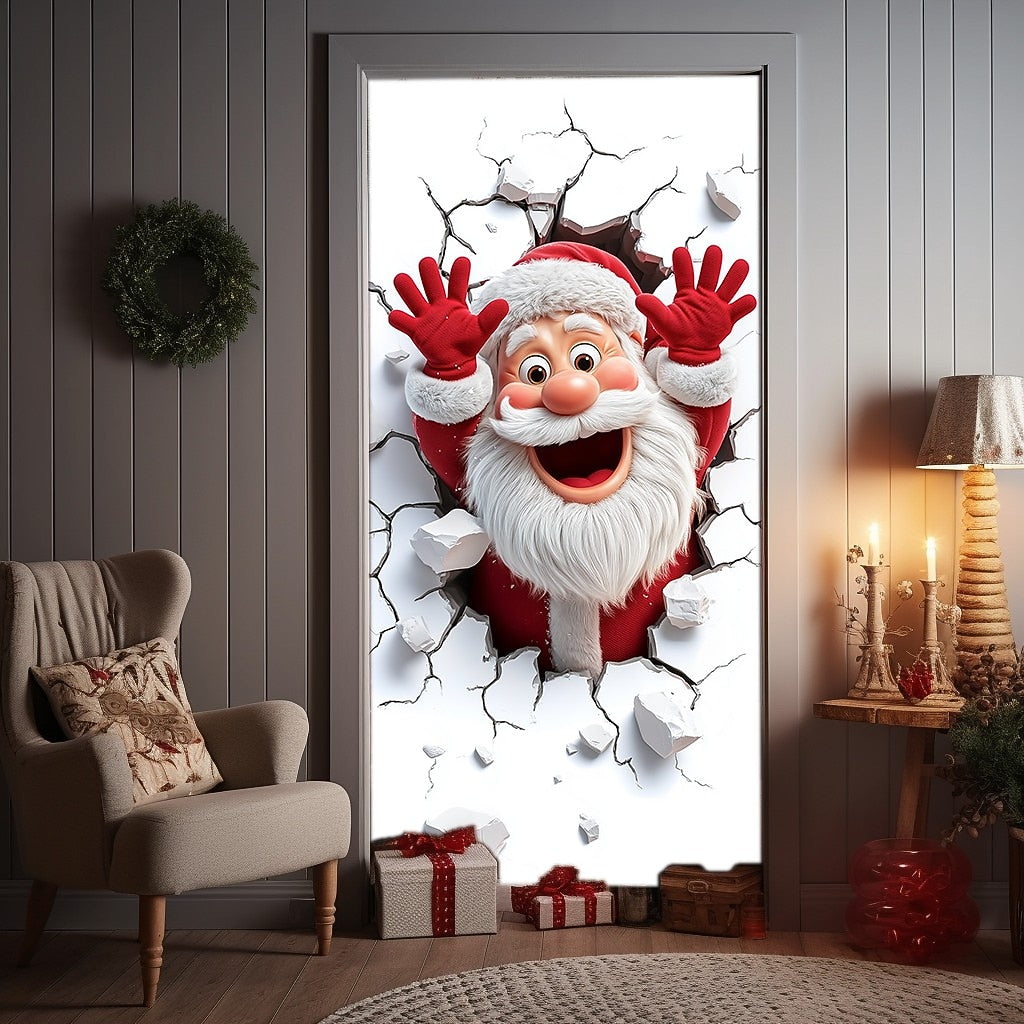 Santa Breaking Through Wall Christmas Door Cover