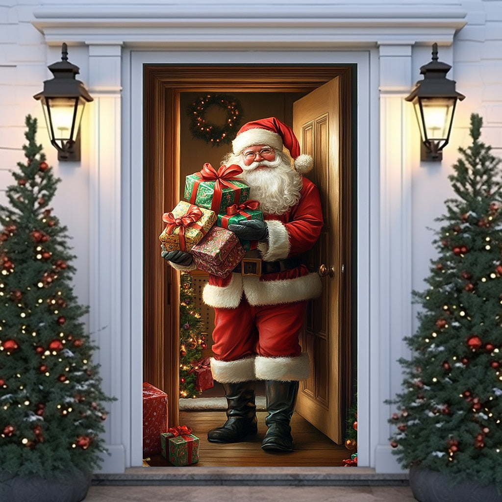 Santa Delivering Gift Christmas Door Cover