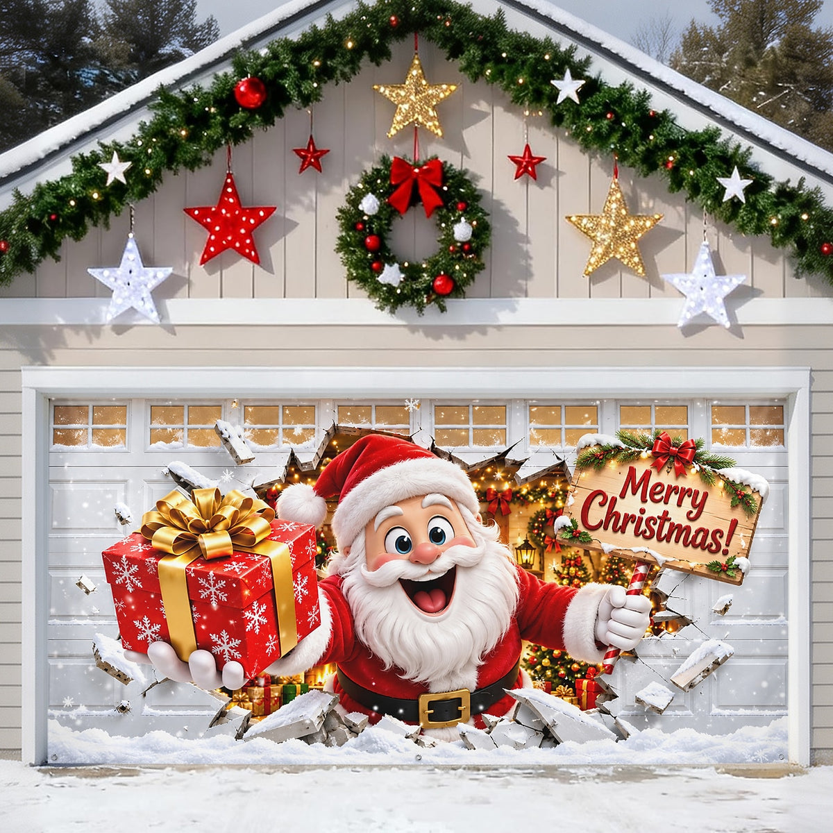 Christmas Garage Door Cover - Santa Breaking Through Gift 3D Design