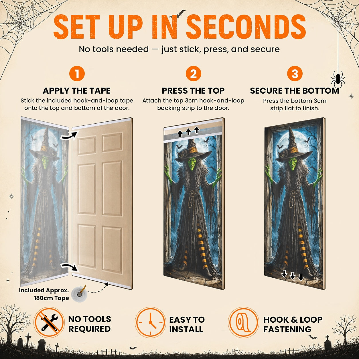 Moon Pumpkin Banner Halloween Door Cover Witch Black Cat Full Moon