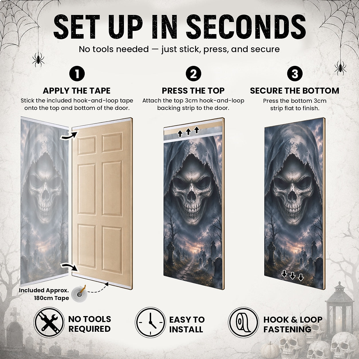 Grim Reaper Skull Haunted Graveyard Door Banner Halloween Door Cover