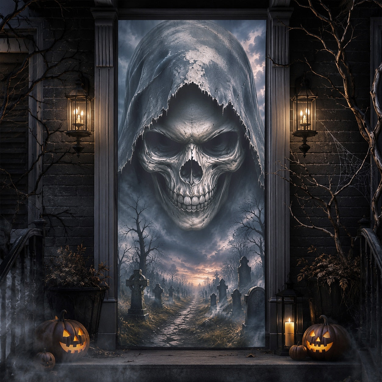 Grim Reaper Skull Haunted Graveyard Door Banner Halloween Door Cover