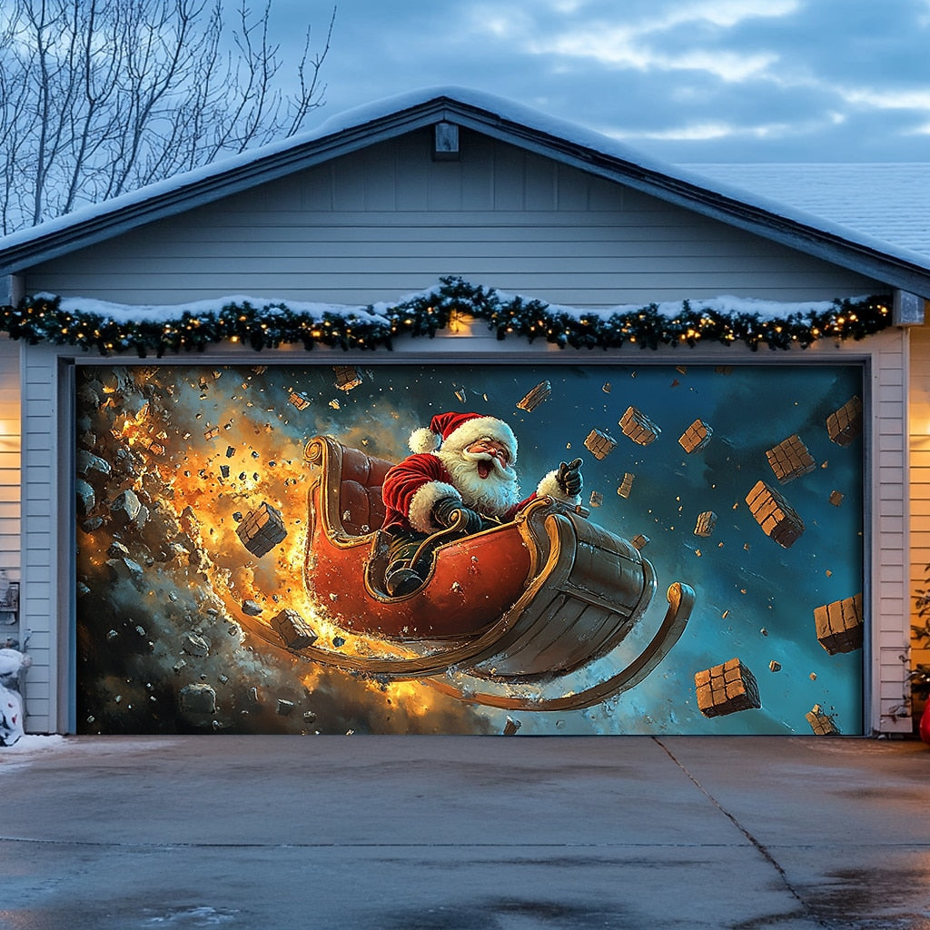Motorcycle Santa Garage Door Cover