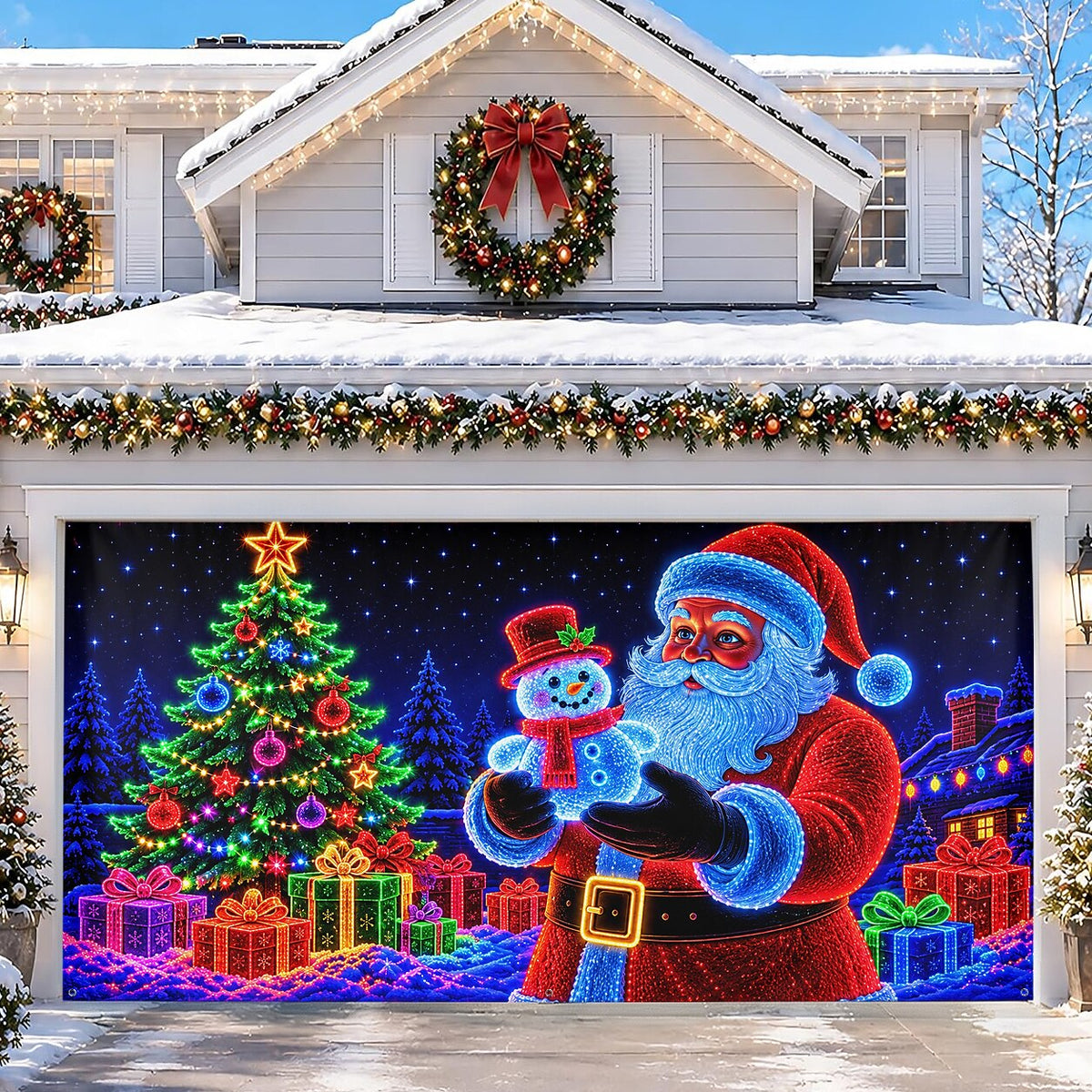 Blacklight Christmas Garage Cover UV Reactive Santa & Christmas Tree