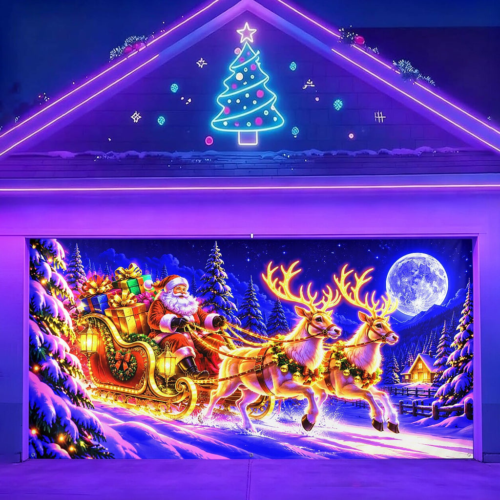 Blacklight Christmas Garage Cover UV Reactive Santa Sleigh & Reindeer