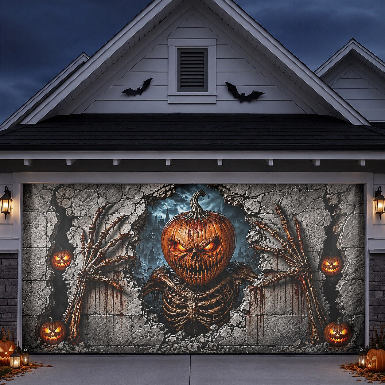 Halloween Pumpkin Skeleton Garage Door Cover