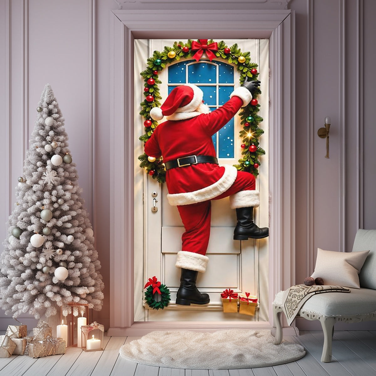 Christmas Door Cover - Stretch Fit Santa & Reindeer Door Decoration