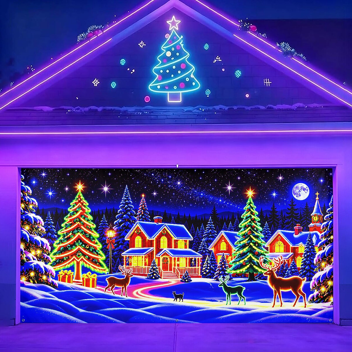 Blacklight Christmas Garage Cover UV Reactive Christmas Village