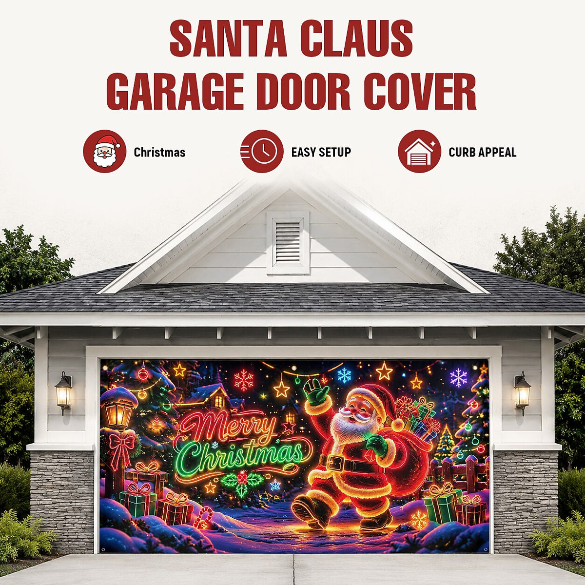 Blacklight Christmas Garage Cover UV Reactive Santa, Reindeer & Sleigh