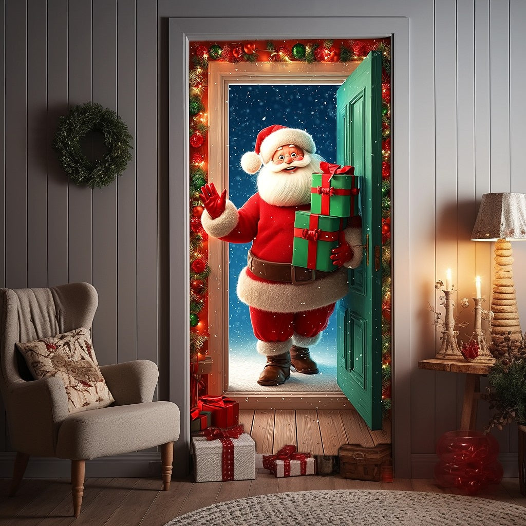 Santa Claus Gifts Wreath & Open Door Christmas Door Cover