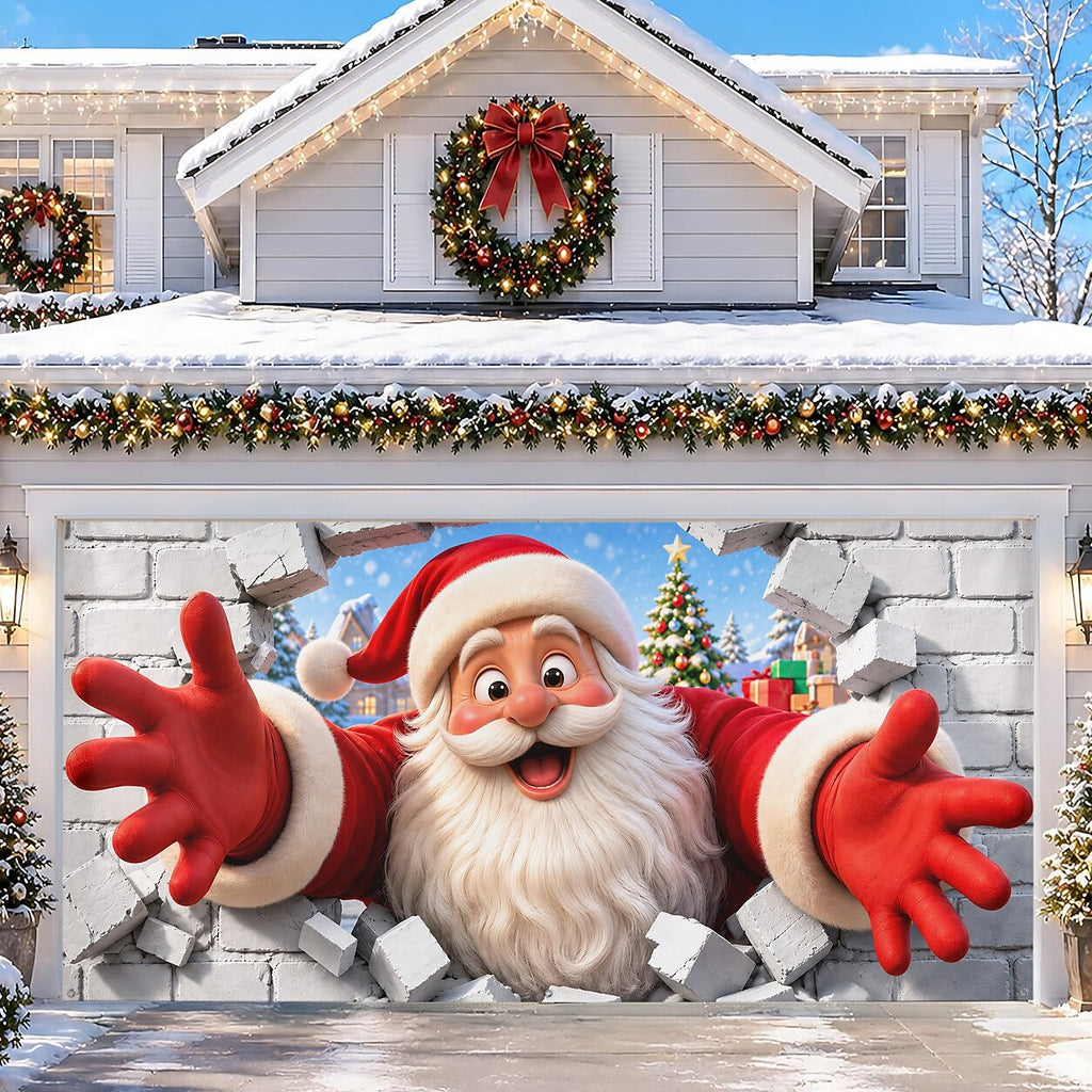 Christmas Garage Cover 3D Santa Breaking Through