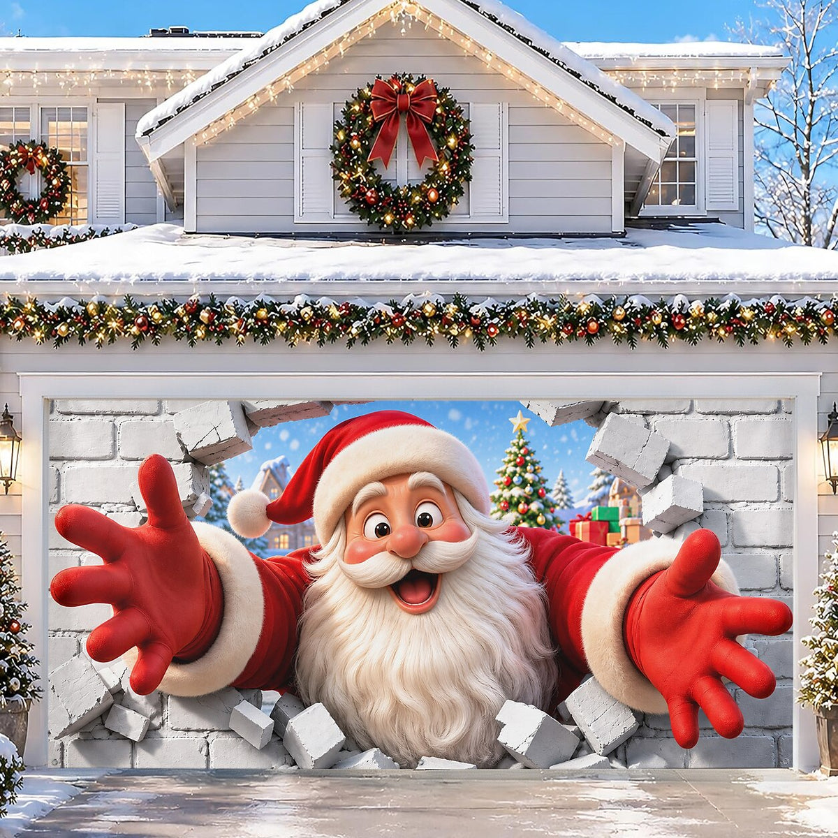 Christmas Garage Cover 3D Santa Breaking Through