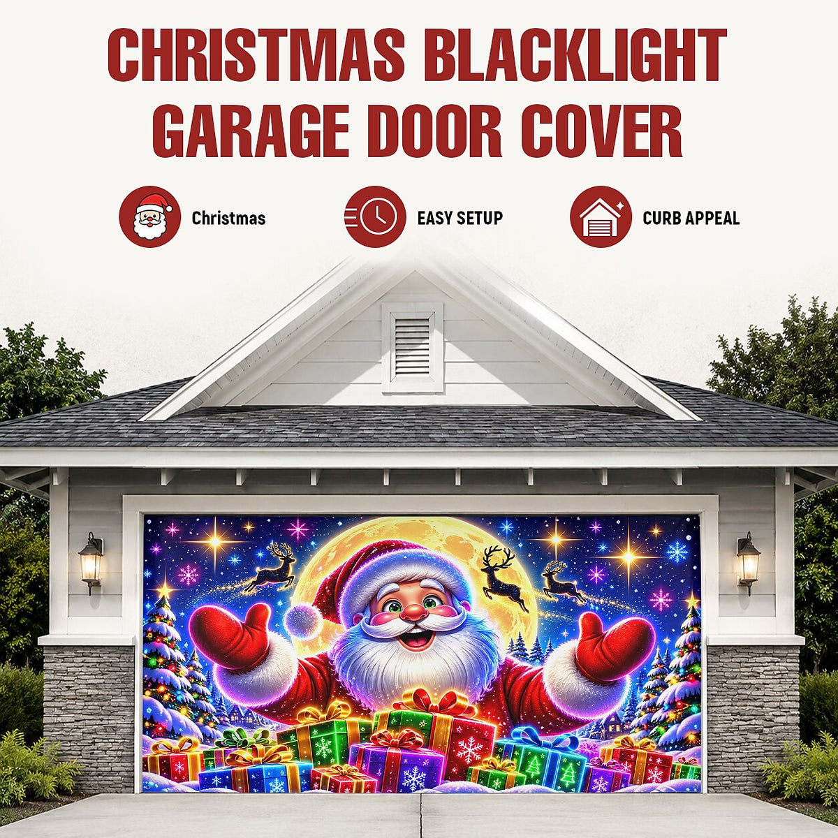Blacklight Christmas Garage Door Cover - Santa Claus & Presents Neon Design
