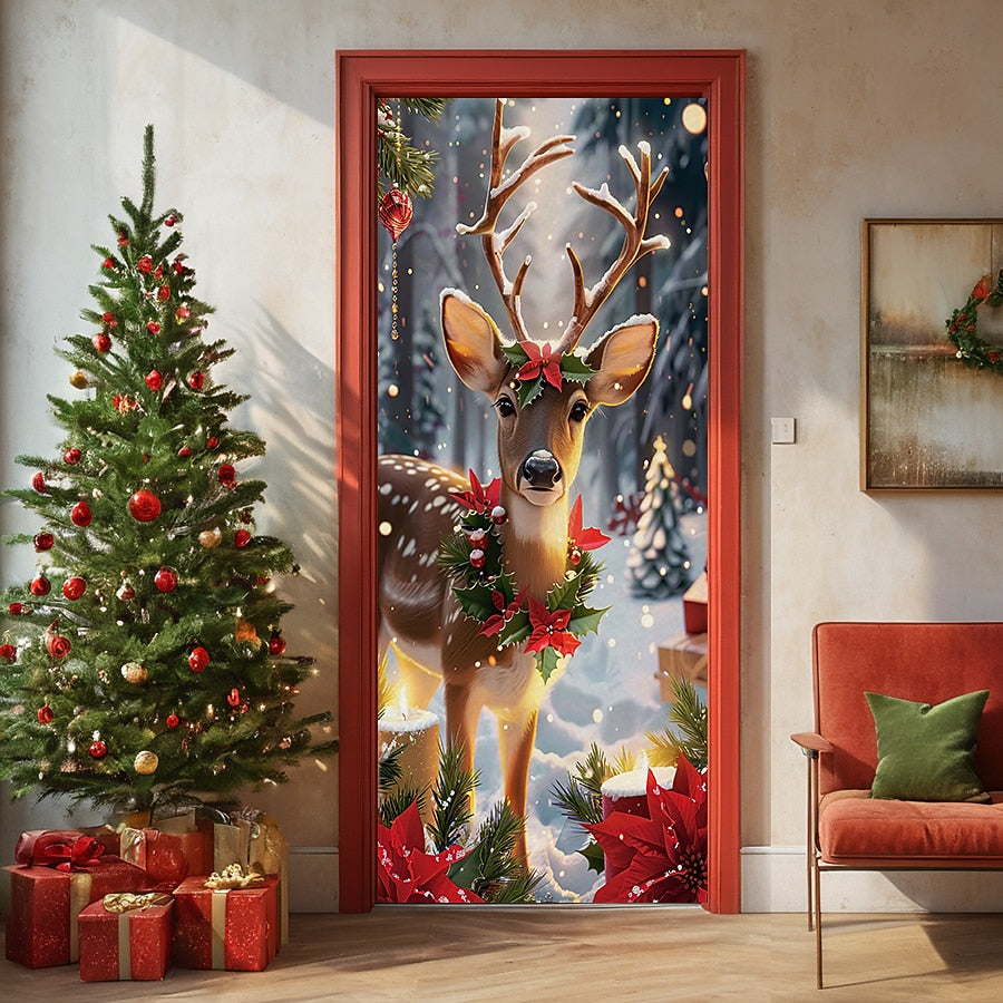 Festive Deer Christmas Door Cover