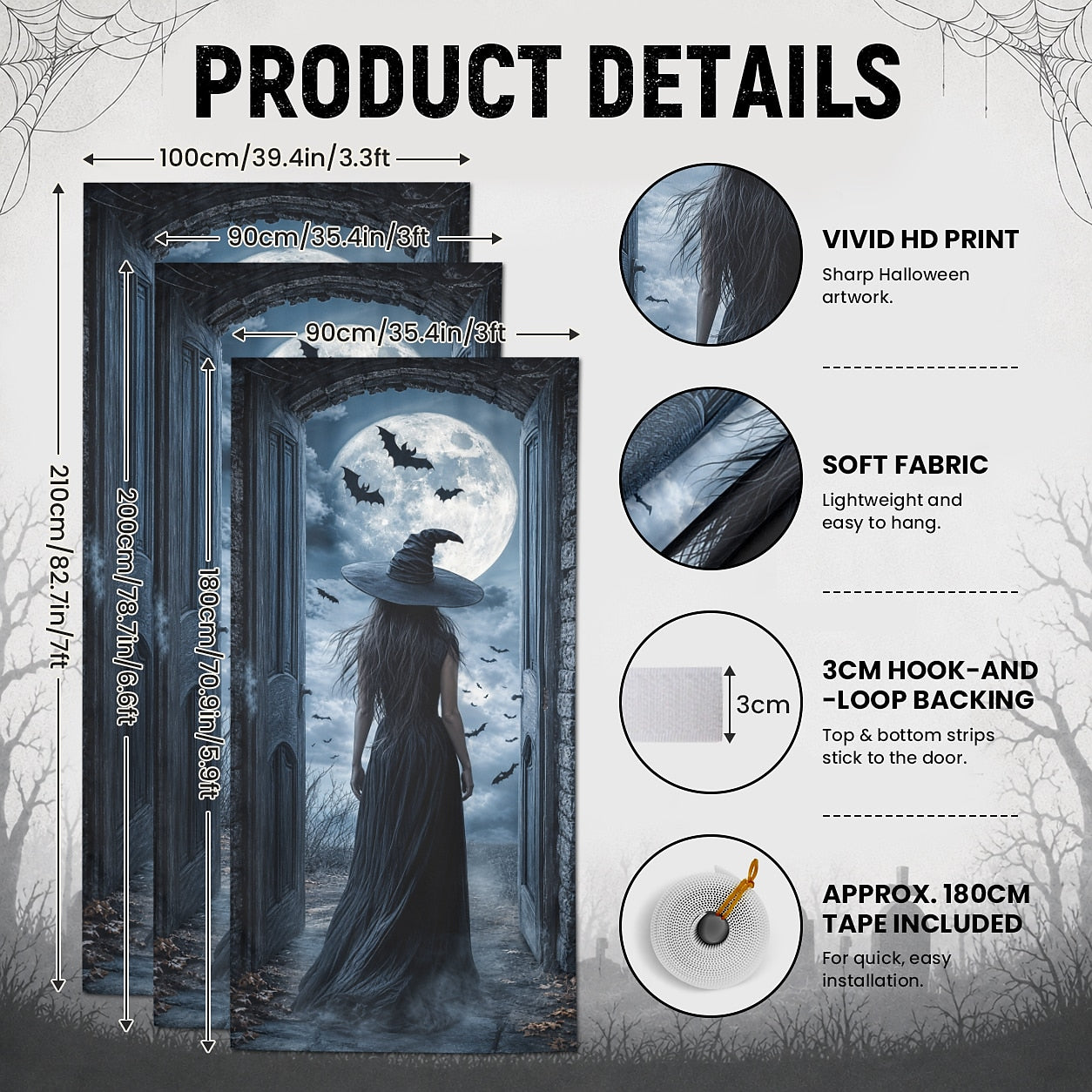 Illusion Door Banner Halloween Door Cover Witch Black Cat Full Moon