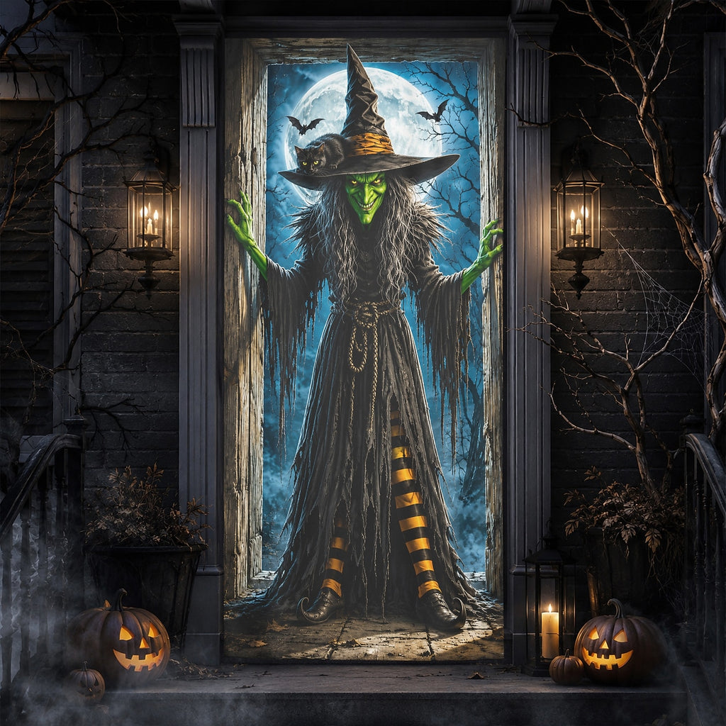 Moon Pumpkin Banner Halloween Door Cover Witch Black Cat Full Moon