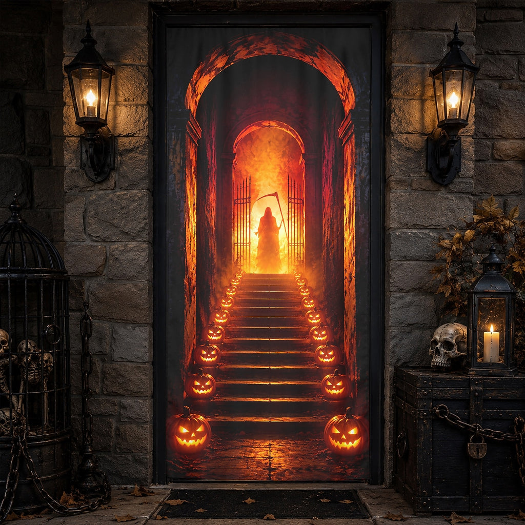 Orange Moon Door Banner Halloween Door Cover Grim Reaper Haunted
