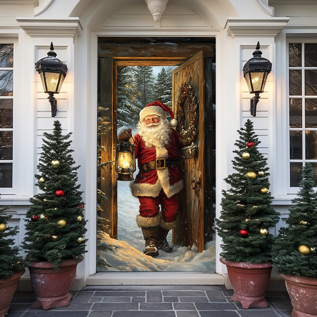 Santa Breaking Through Wall Christmas Door Cover