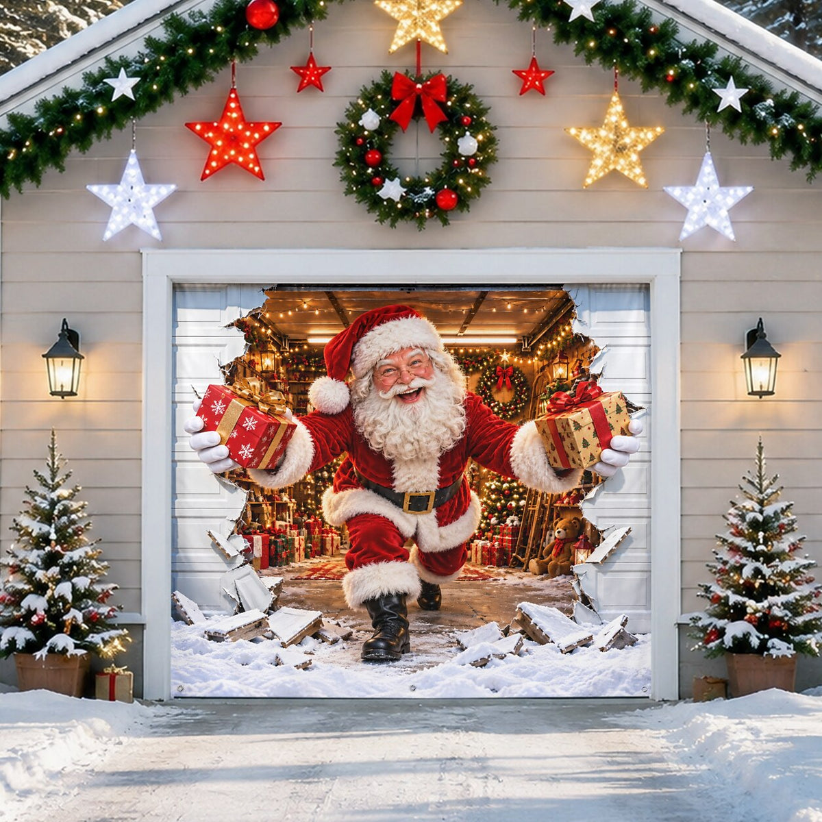Christmas Garage Door Cover, Santa Claus Breaking Through Garage Wall Design, 3D Optical Illusion Garage Door Banner for Christmas Party Decor