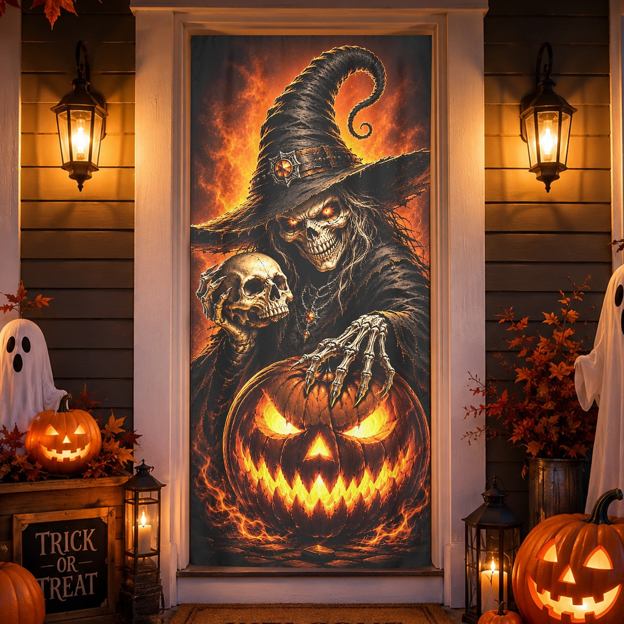 Skeleton Witch Glowing Pumpkin Door Banner Halloween Door Cover