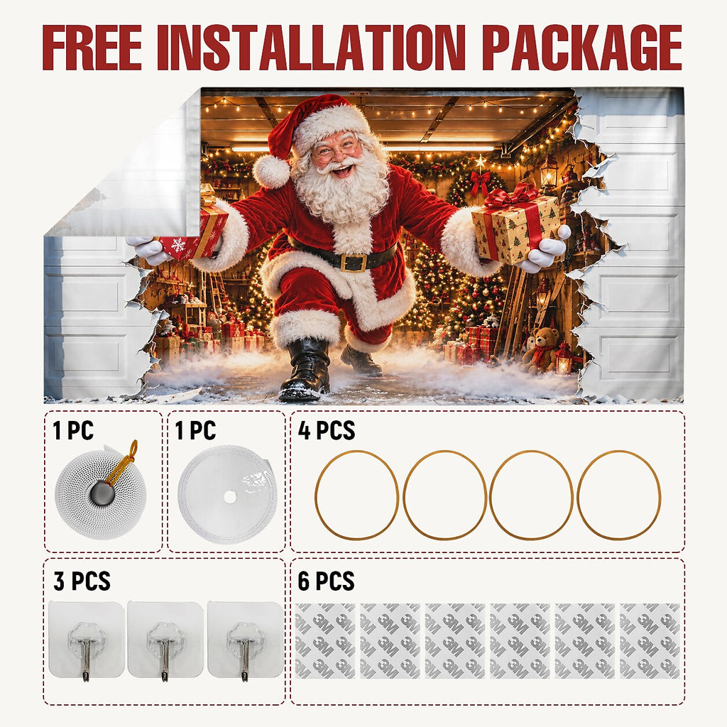 Christmas Garage Door Cover, Santa Claus Breaking Through Garage Wall Design, 3D Optical Illusion Garage Door Banner for Christmas Party Decor