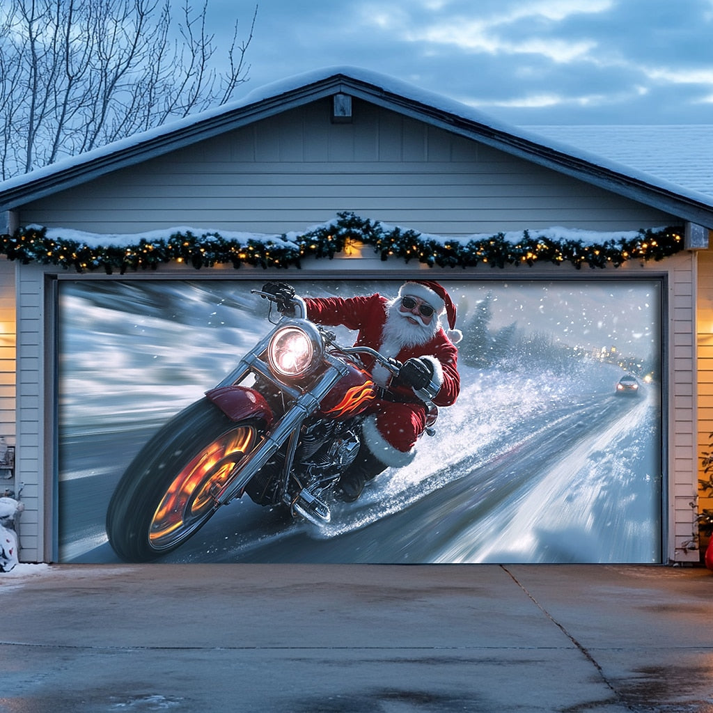 Motorcycle Santa Garage Door Cover