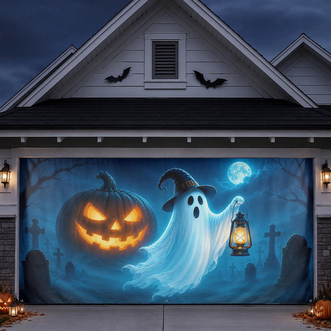 Ghost with Witch Hat & Jack-O'-Lantern Pumpkin | Halloween Garage Door Banner Cover