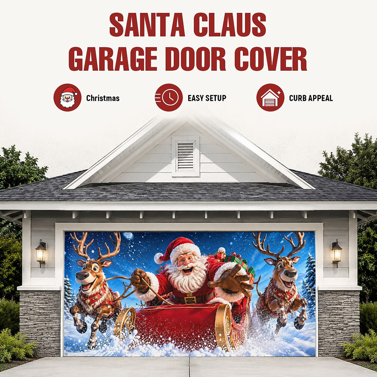 Christmas Garage Cover 3D Santa & Reindeer Sleigh
