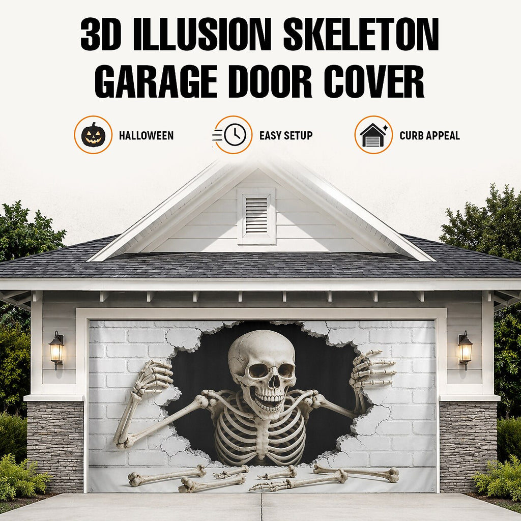 Halloween Skeleton White Brick Wall Garage Door Cover