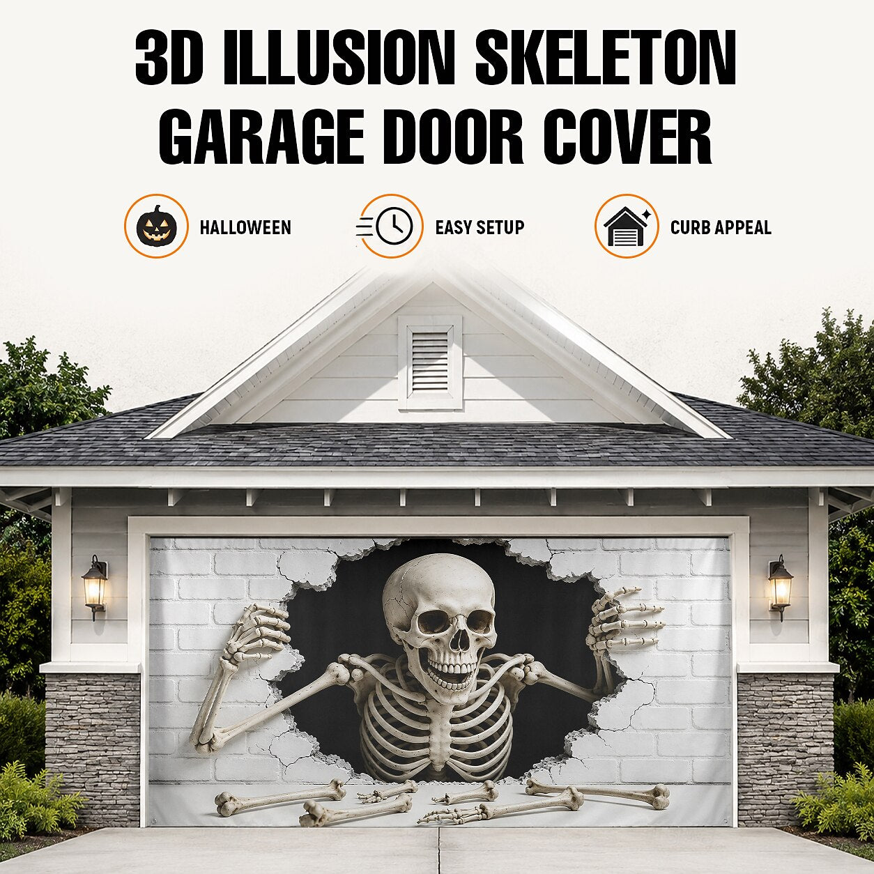 Halloween Skeleton White Brick Wall Garage Door Cover