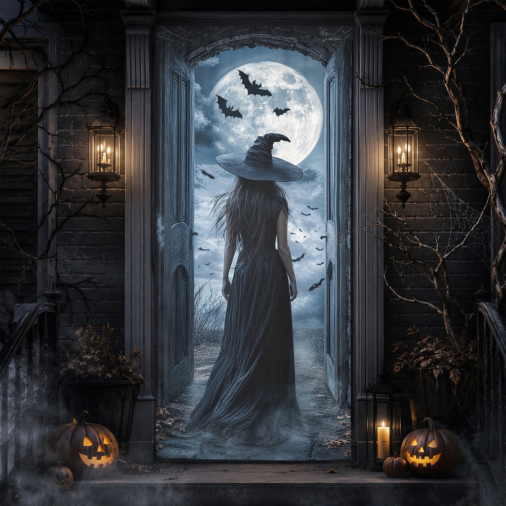 Illusion Door Banner Halloween Door Cover Witch Black Cat Full Moon