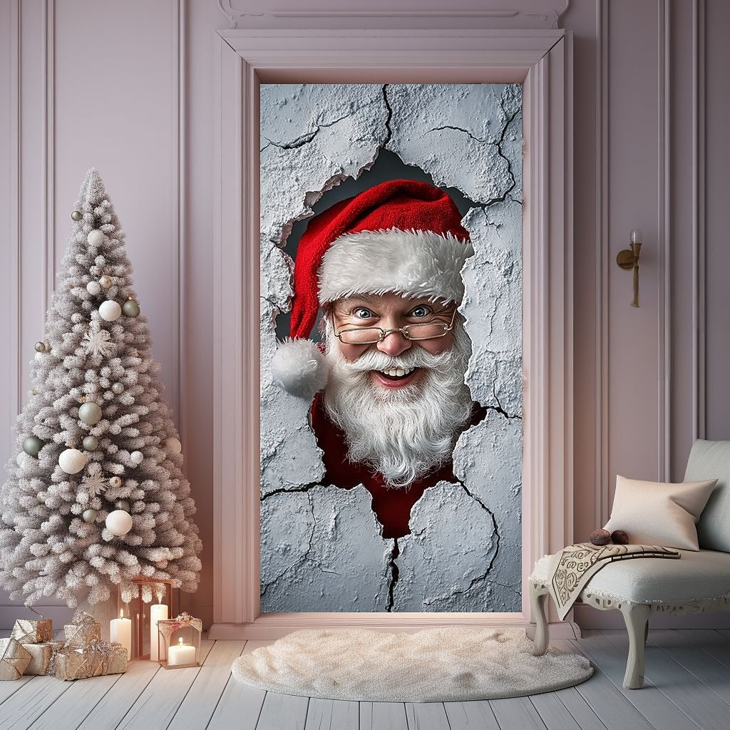 Santa Breaking Through Wall Christmas Door Cover