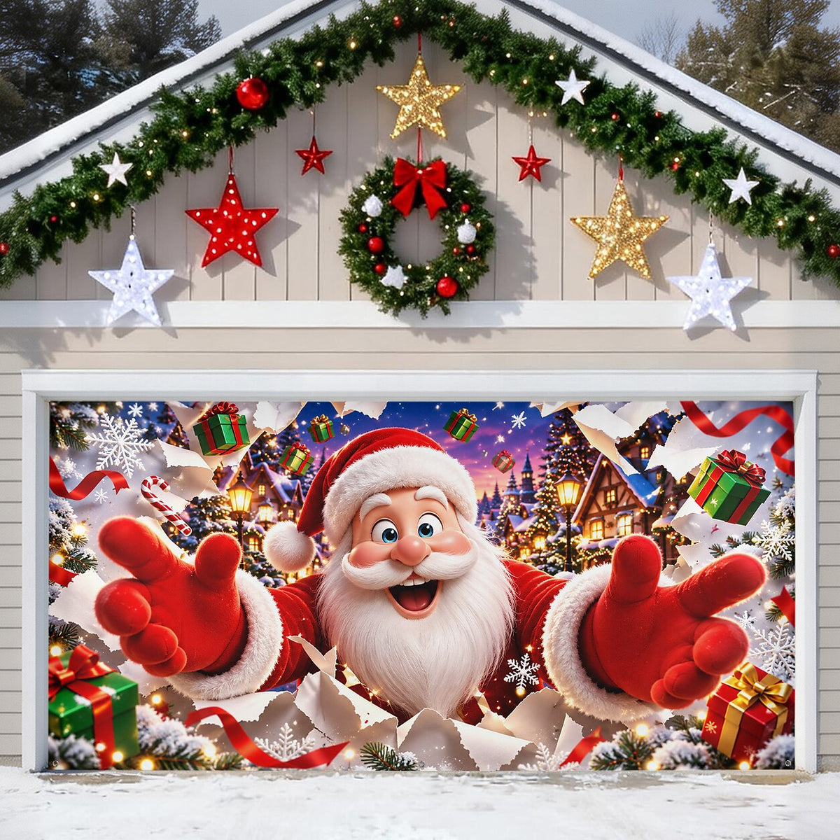 3D Christmas Garage Door Cover - Santa Breaking Wall