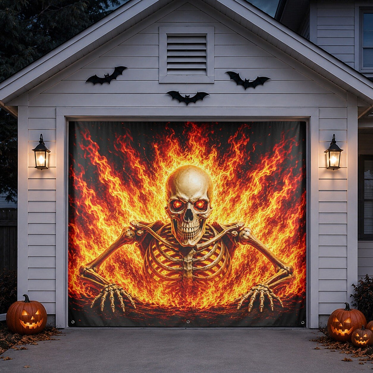 Flaming Skeleton Skull Pile Halloween Garage Door Cover