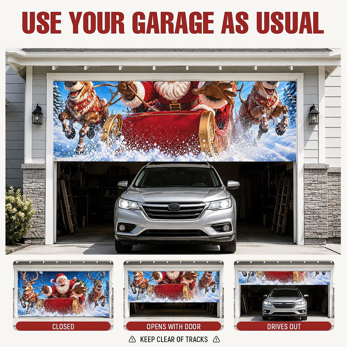 Christmas Garage Cover 3D Santa & Reindeer Sleigh