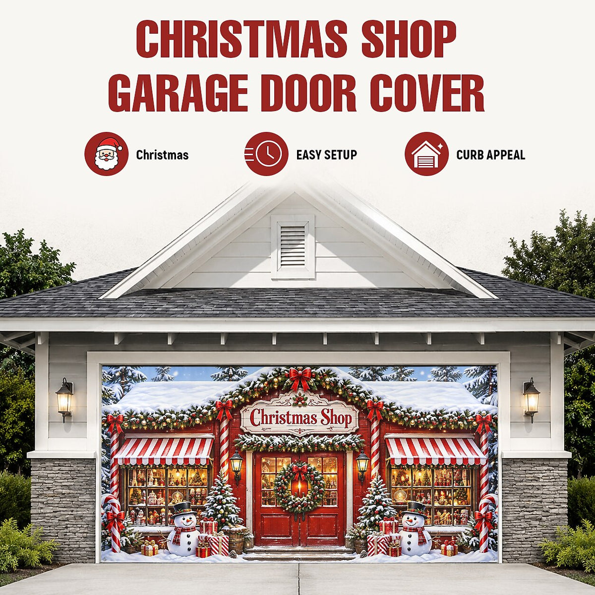 Christmas Garage Door Cover - Red Holiday Shopfront Design